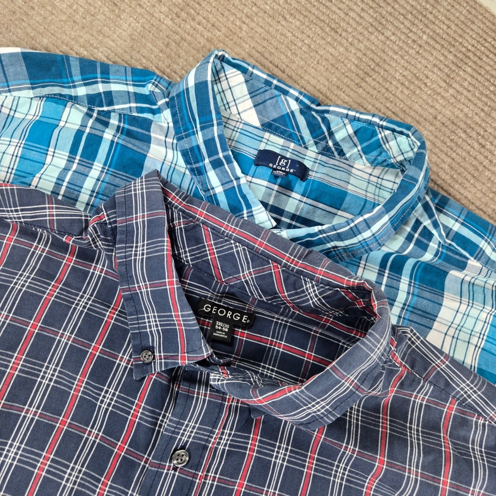 George Mens 3XL Navy Blue Plaid Short Sleeve Button Down Shirt Lot 2pc GM27Y013B